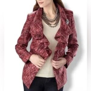 Chicos Jacket Womens 2 Blazer Ruffle Woven Tweed Magenta Pink Multicolored Lined
